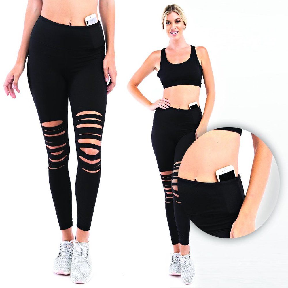 Ripped Cut-out Leggings for Women, Wide Waisted Yoga Pants, Tummy Control